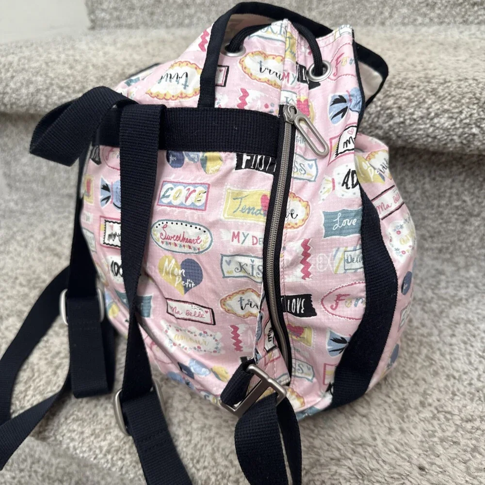 LeSportsac Small Mini Backpack Love Print Cinch Top Snap Closure Zipped Pockets